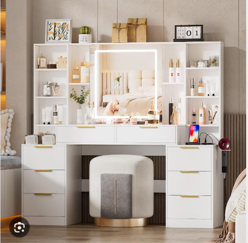 Large Makeup Vanity Desk With Lighted Mirror & Power Outlet,vanity Desk Dresser Table With 3 Lighting Modes Brightness Adjustable,drawers,shelves,hair Dryer Stand For Bedroom