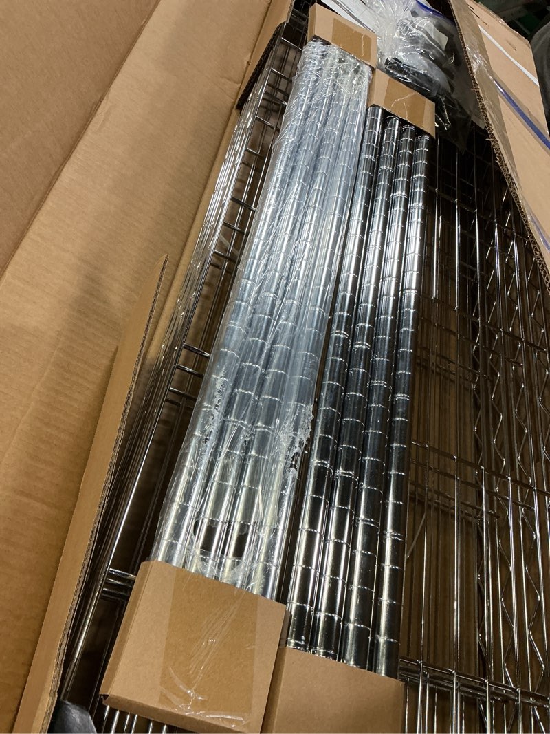 Condition photo showing Good Condition for IZEUK 1400 LBS Garage Black Shelving Wide Storage Shelves 4 Tier Adjustable Heavy Duty Metal Wire Rack Standing Shelf Unit for Kitchen Office College Dorm Garage Warehouse 15.8" x 45.8"x 59.4" 4 Tier,15.8" D x 45.8" W x 59.4" H Black