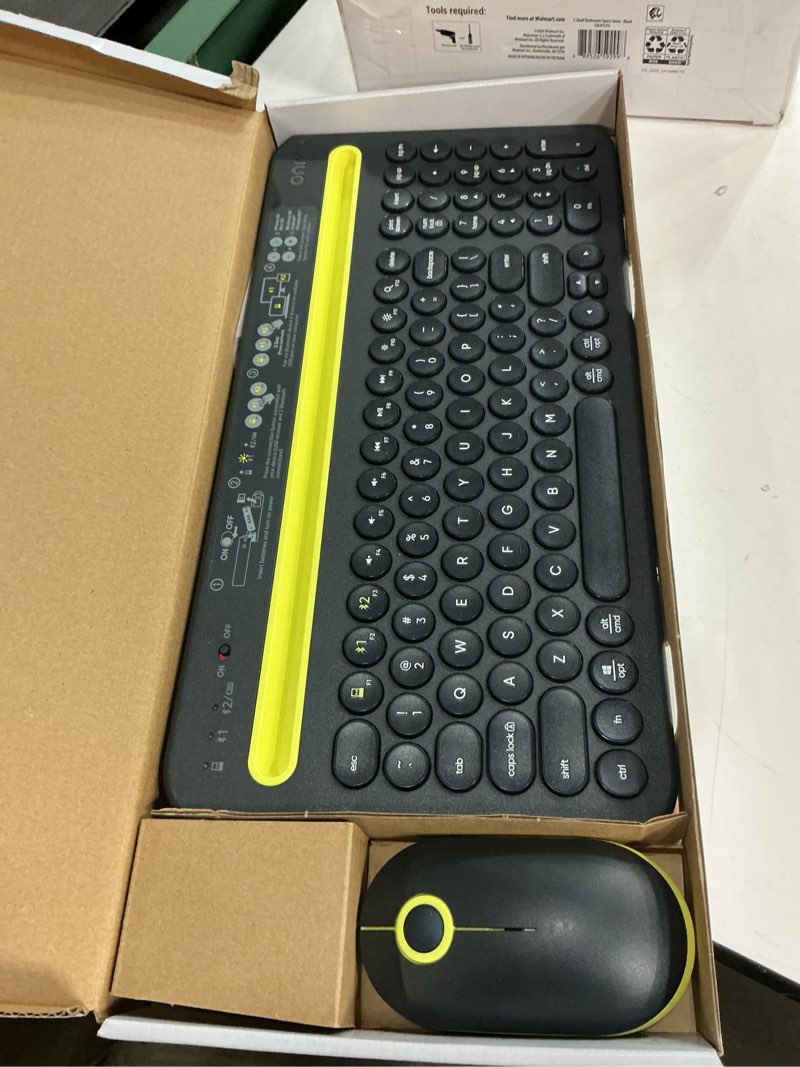 Condition photo showing Good Condition for onn multi-device wireless full-size keyboard and 3-button mouse set, gray & yellow free 30-day returns