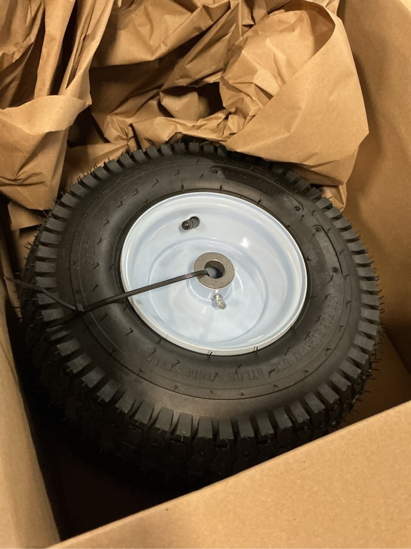 Condition photo showing As Is for 2 pcs 13x5.00-6 lawn mower pneumatic tire and wheel, 13x5.00-6 front riding mowers tire with 3/4" 5/8" bushings, 3" -4.5" centered hub, 13x5-6 tube with tr13 valve stem, 375 lbs with rim pneumatic tire