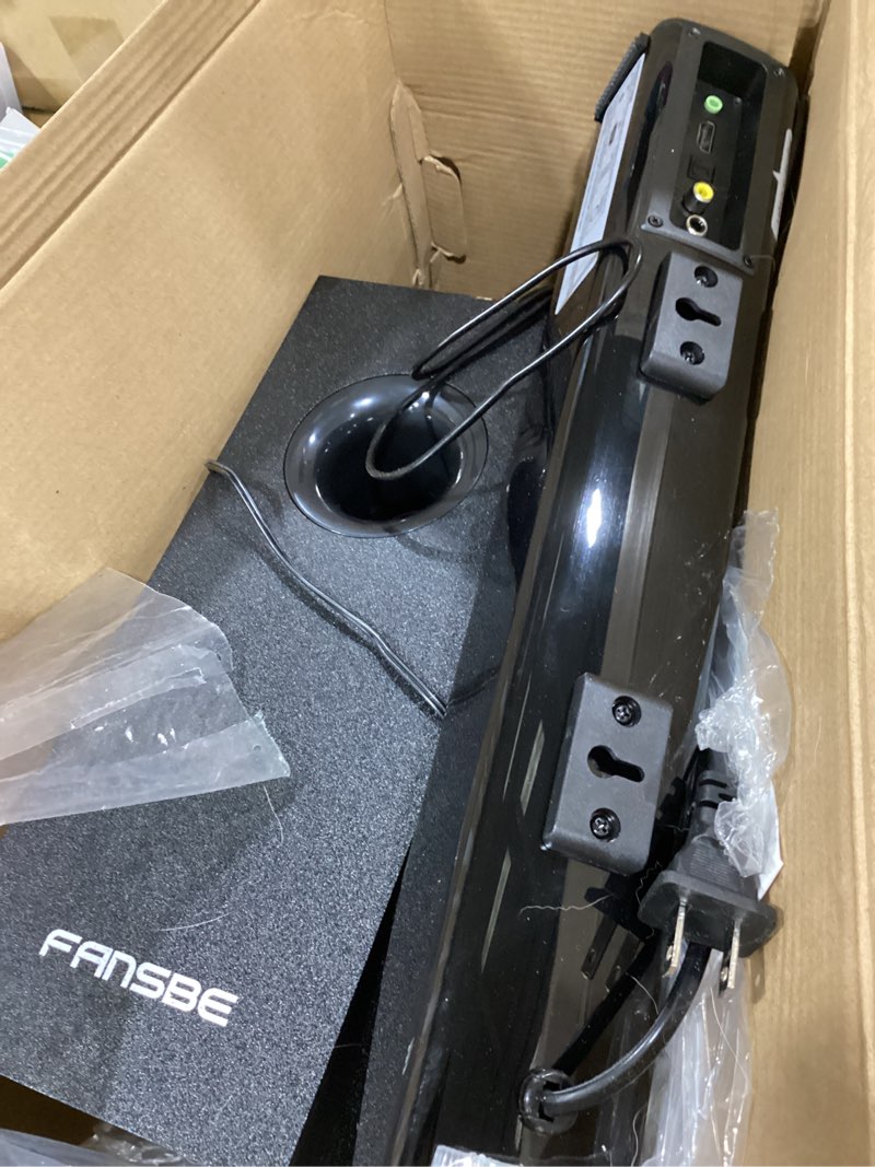 Condition photo showing As Is for tv sound bar subwoofer bluetooth, home theater sound bar system, tv speakers sounds bars subwoofer, hdmi(arc) opt coax aux usb 2.1ch home audio tvs/pc/projector treble bass 3 modes remote, black