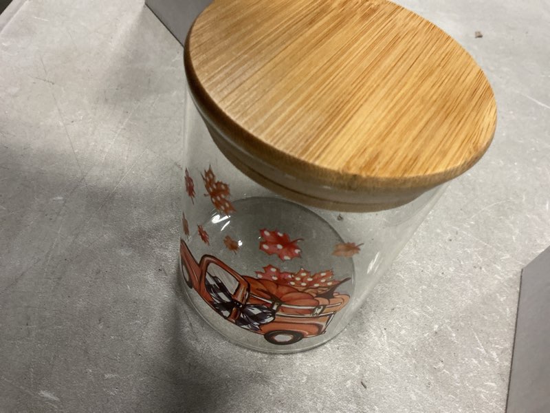 Condition photo showing As Is for 3Pcs Fall Glass Storage Jars with Airtight Bamboo Lid Orange Pumpkin Gnome Truck Clear Food Storage Canisters Sets for Autumn Harvest Thanksgiving Home Kitchen Countertop Decoration