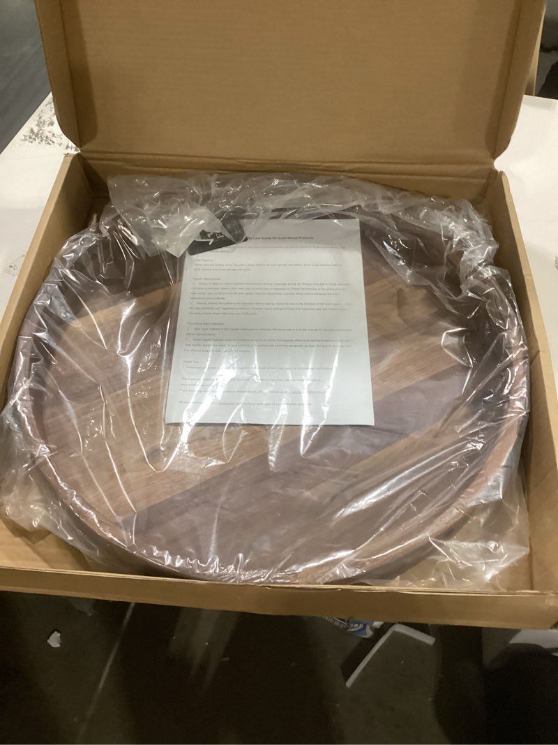 Condition photo showing New/Like New for 20 Inches Extra Large Round Black Walnut Wood Ottoman Tray with Handles, Serve Tea, Coffee or Breakfast in Bed, Classic Circular Wooden Decorative Serving Tray 20"