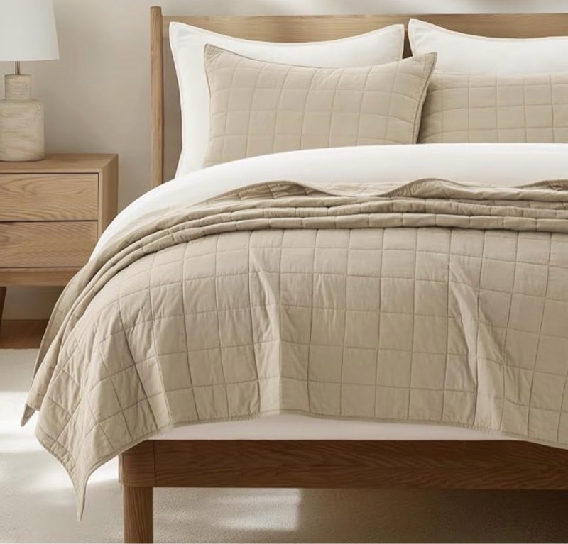 evergracehome 100% cotton box stitch quilt bedding set queen size 3 pieces, garment-washed lightweight soft cozy coverlet, quilted bedspread sets with 2 shams for all season, pebble khaki
