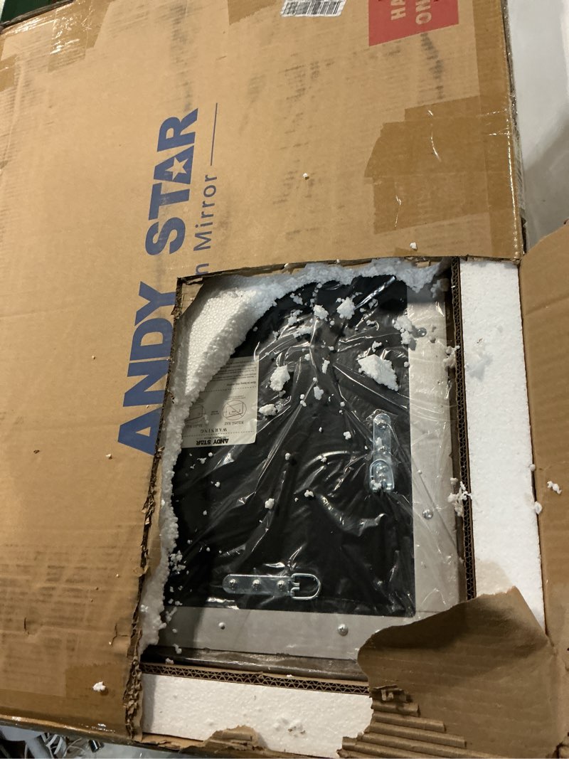 Condition photo showing As Is for andy star hand-forged silver bathroom mirrors for wall, 22x30 inch vintage solid steel metal frame bathroom vanity mirror, antique rounded rectangle wall mirror, hangs horizontally or vertically silver 30"l x 22"w