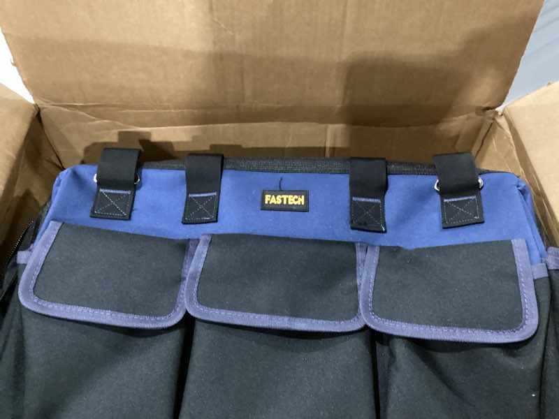 Condition photo showing As Is for fastech 22 inch bottom tools bag with wide mouth for tool storage, carrier and organizer, heavy duty tool tote bag for men/women, wide mouth tool bag with inside pockets (22 inch) 22inch