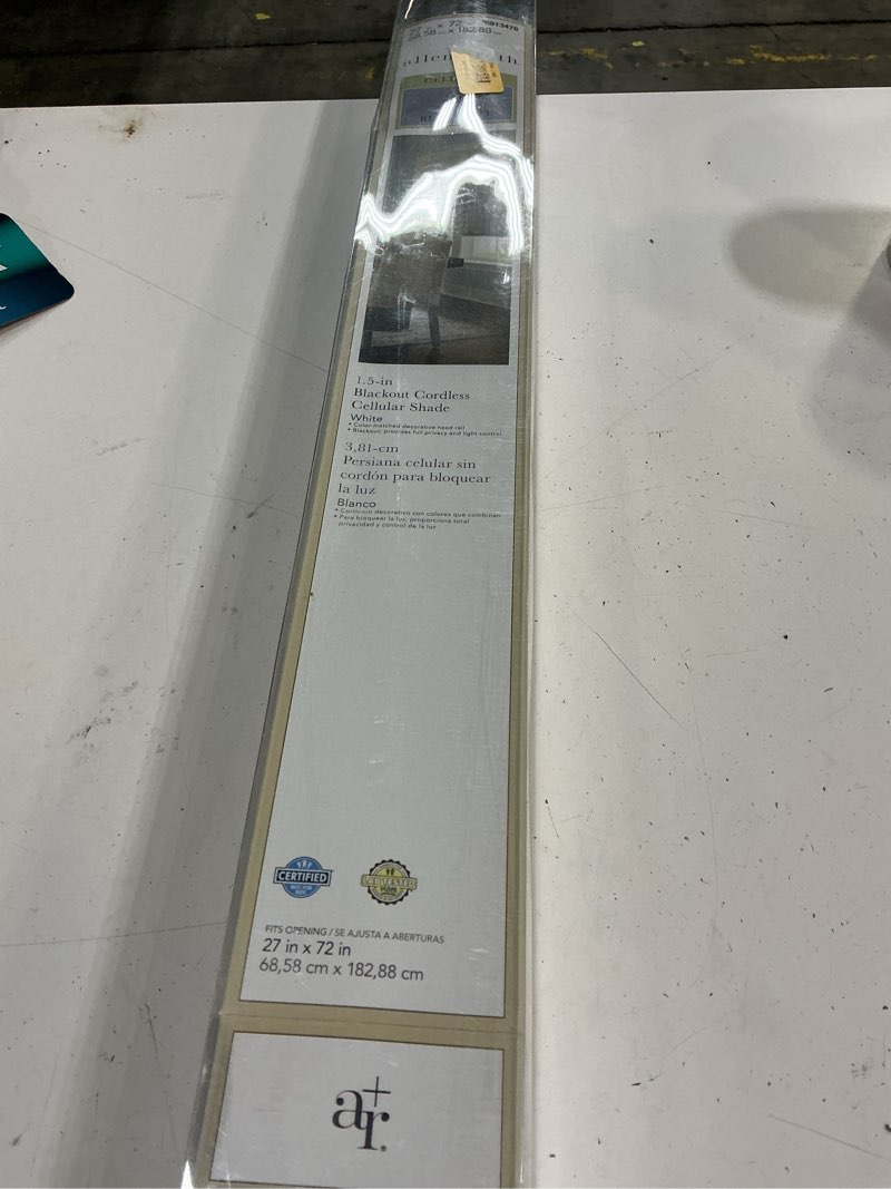 Condition photo showing As Is for allen + roth 27-in x 72-in white blackout cordless cellular shade