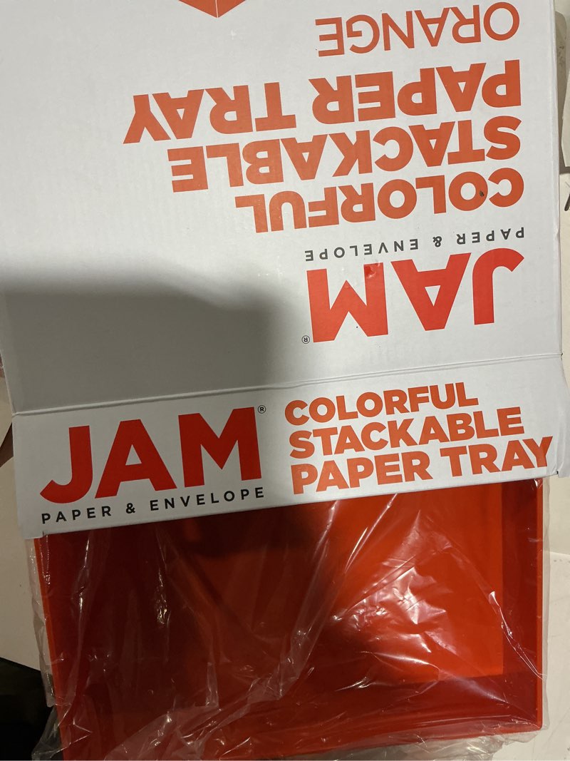 Condition photo showing Good Condition for JAM PAPER Stackable Paper Trays - Orange - Desktop Document, Letter, & File Organizer Tray - Sold Individually Pack of One (1) Tray Orange