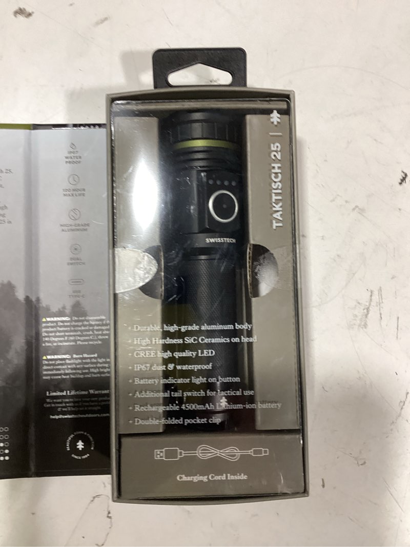 Condition photo showing As Is for swiss tech taktisch 2500lm rechargeable tactical led flashlight, waterproof aluminum
