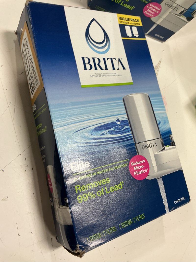 Condition photo showing As Is for brita faucet mount water filter system, chrome, no-wait filtration, easy install, multi-use tap water filter for kitchens, bathrooms & small spaces 1 faucet mount + 2 filters