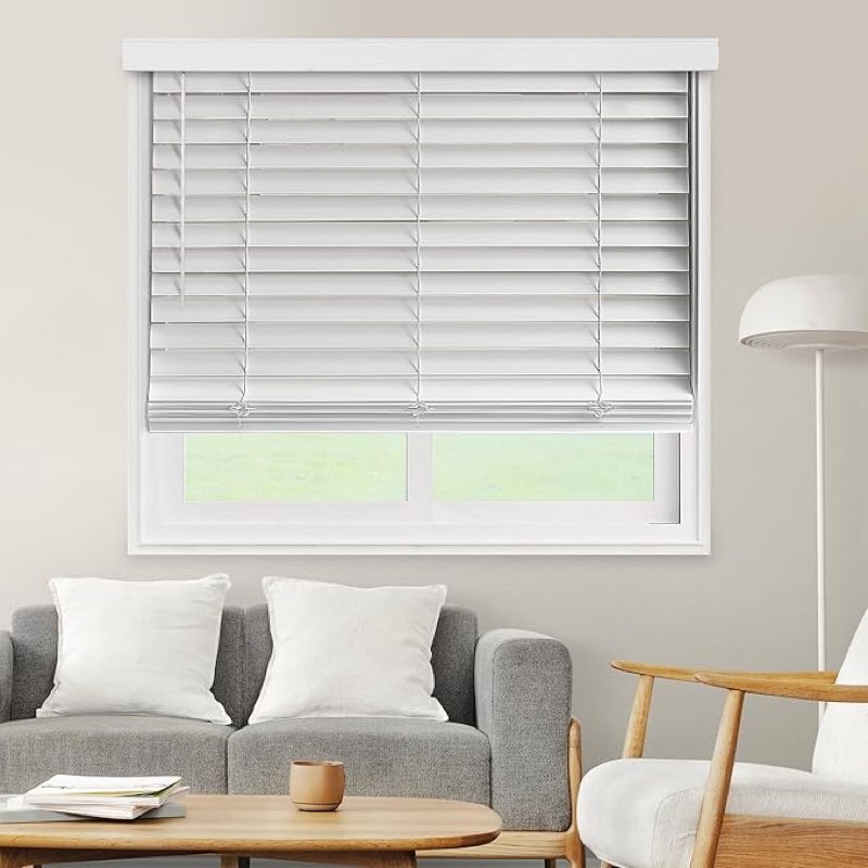 Faux Wood Blinds –  Cordless PVC Window Blinds, Basic White | Room-Darkening 2\" Slats | Moisture & Warp Resistant | Child & Pet Safe | Ideal for Home & Office Décor