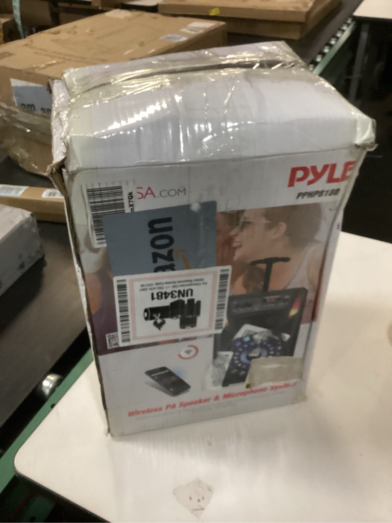 Condition photo showing As Is for Pyle Portable Bluetooth PA Speaker - 300 W 8” Rechargeable Outdoor BT Karaoke Audio System - Multi-Color Party Lights, LED Display, FM/AUX/MP3/USB/SD, 6.5mm in - Wired Microphone, Remote Control 300 watts Speaker