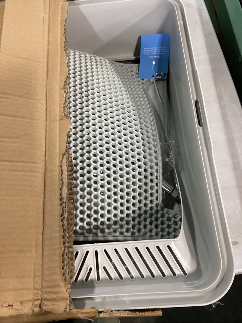 Condition photo showing New/Like New for stainless steel litter box | xl enclosed cat litter boxes with lid for big cats | high sided, anti-urine leakage | non-stick bottom & includes litter mat & metal scoop silver gray x-large