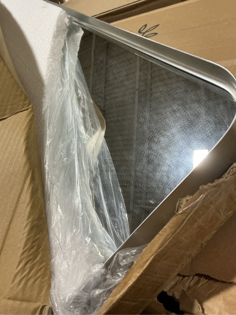Condition photo showing Good Condition for forbath 55x36 inch large bathroom mirror for double sinks, brushed silver deep frame wall mirror with rounded corners, anti-rust tempered glass for modern farmhouse vanity (horizontal/vertical) silver 55"l x 36"w