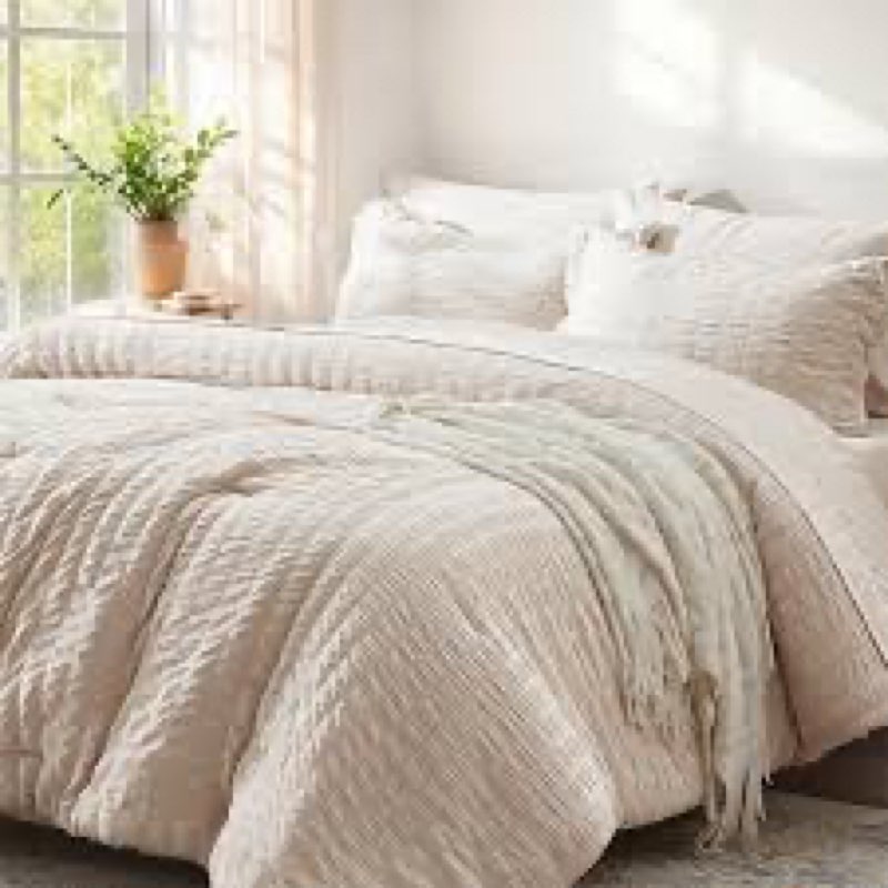 Zzlpp Full Comforter Set 7 Pieces, Beige Seersucker Bed in a Bag with Comforter and Sheets, All Season Bedding Sets with 1 Comforter, 2 Pillow Shams, 2 Pillowcases, 1 Flat Sheet, 1 Fitted Sheet