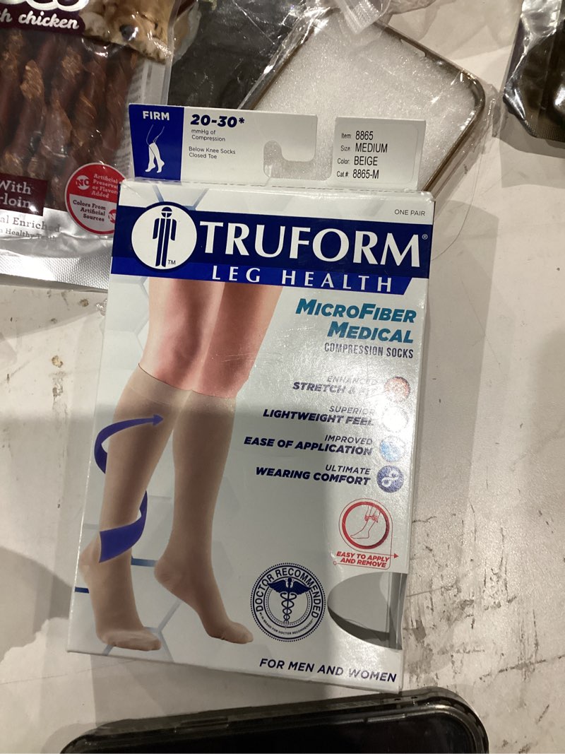 Condition photo showing New/Like New for Truform 20-30 mmHg Compression Stockings for Men and Women, Knee High Length, Closed Toe, Beige, Medium