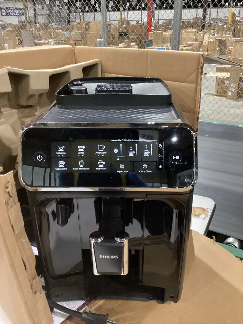 Condition photo showing As Is for not tested philips 3200 series fully automatic espresso machine, lattego milk frother, 5 coffee varieties, intuitive touch display, 100% ceramic grinder, aquaclean filter, my coffee choice, black (ep3241/54)