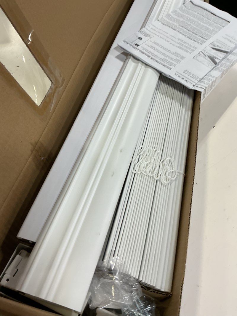 Condition photo showing As Is for allen + roth trim at home 2-in slat width 31-in x 64-in cordless white faux wood room darkening horizontal blinds