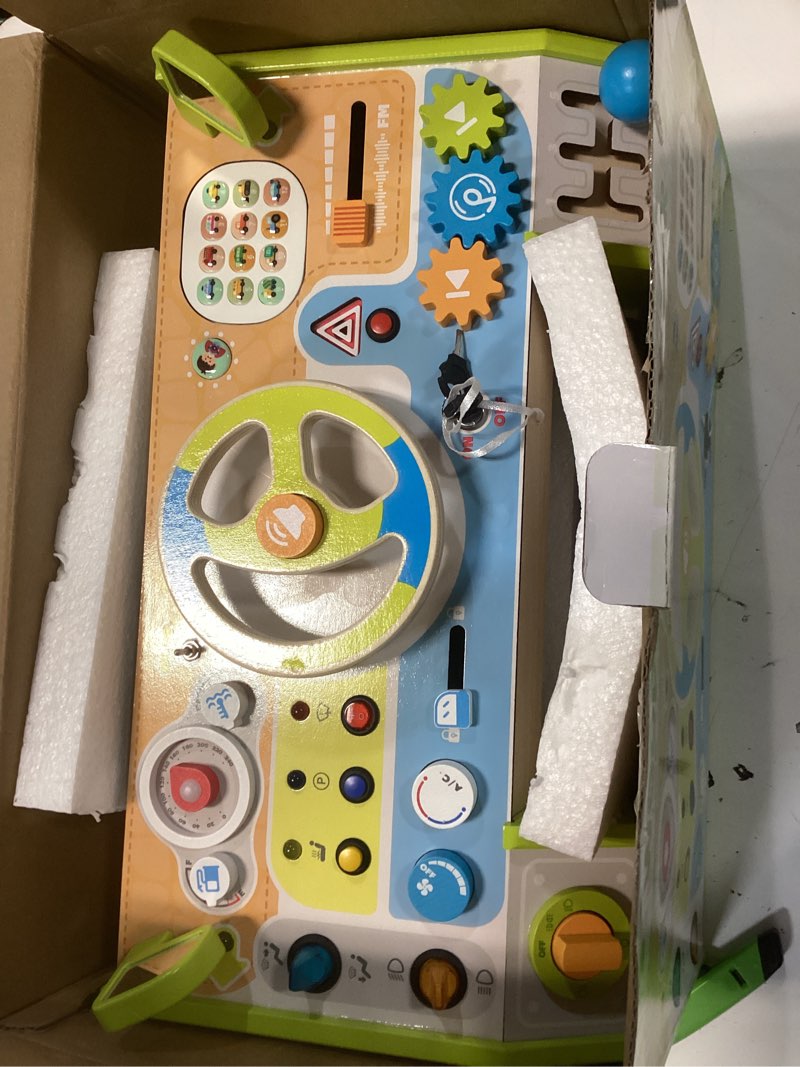 Condition photo showing Good Condition for montessori wooden steering wheel busy board for kids & toddlers - interactive pretend driving dashboard with car sounds & lights - educational sensory learning toys gift for boys girls preschool ages busy board 1