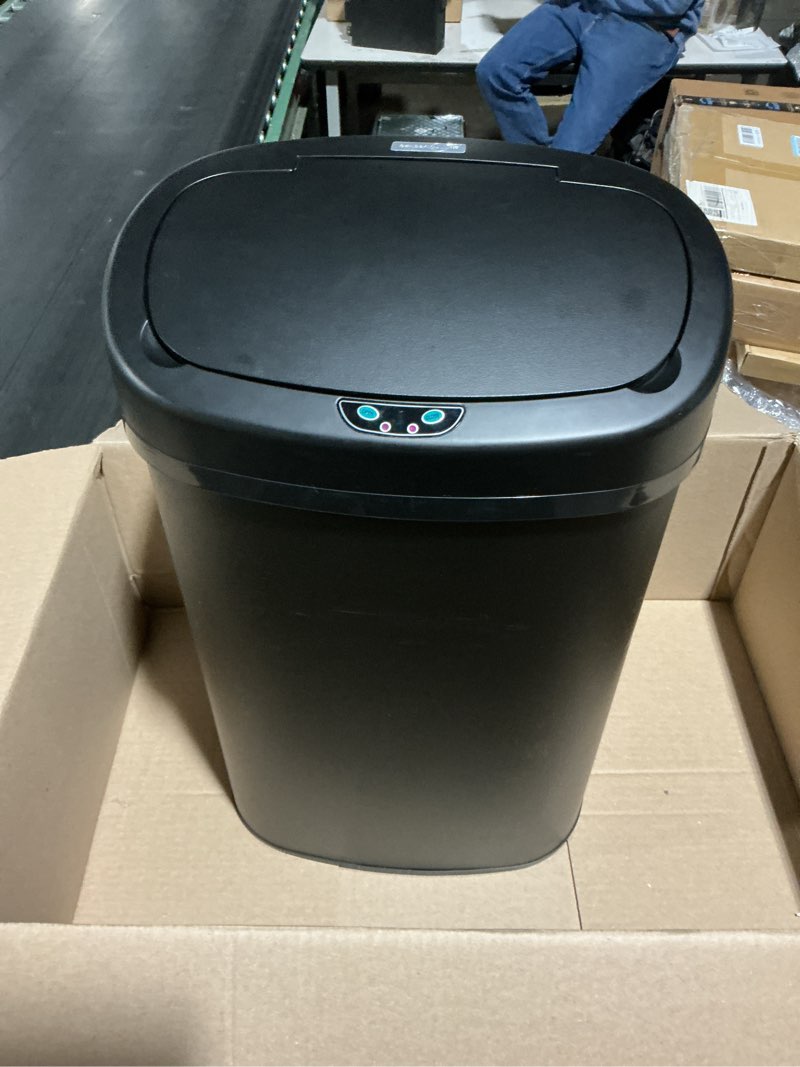 Condition photo showing As Is for dkelincs 13 gallon kitchen trash can garbage can with lid automatic touch free stainless steel trash can for home office living room bedroom, 50 liter (black)