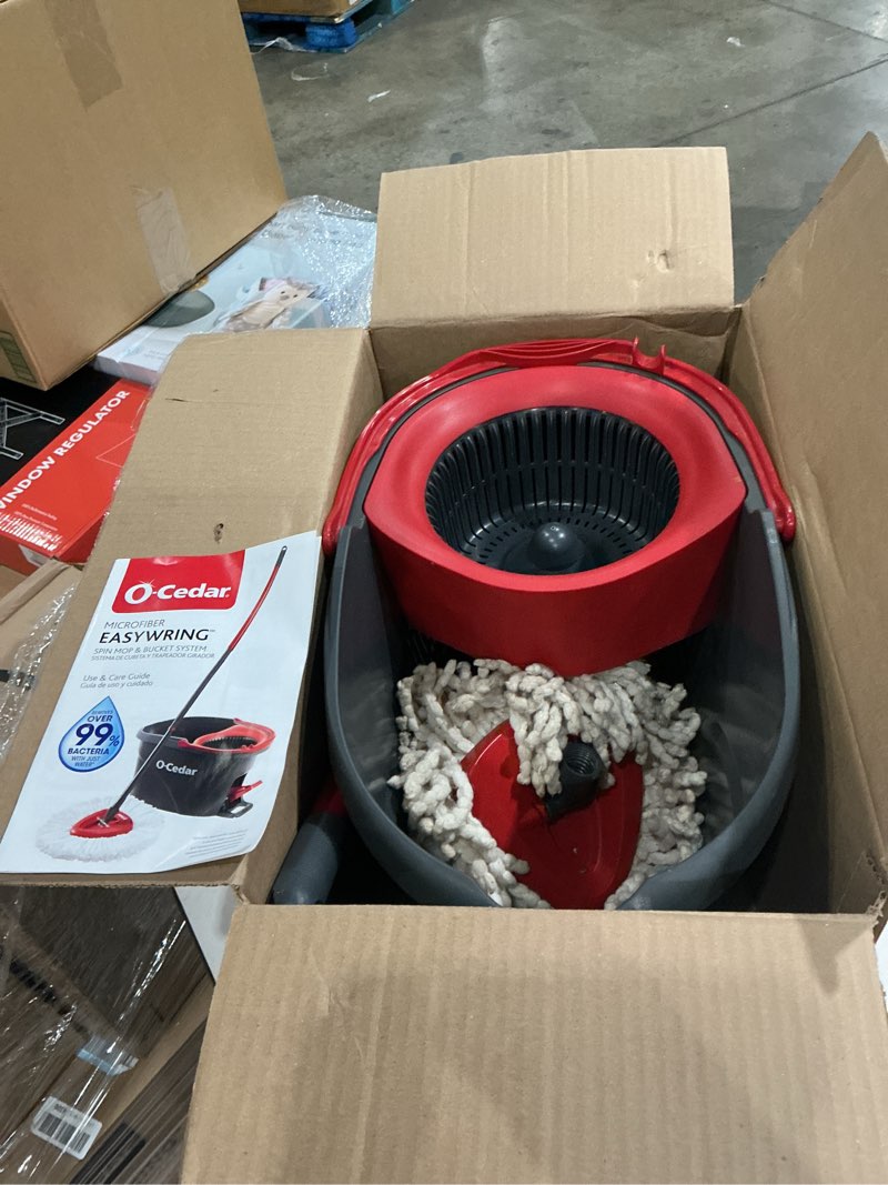 Condition photo showing As Is for o-cedar easywring microfiber spin mop & bucket floor cleaning system + 2 extra refills, red/gray spin mop & bucket with 2 extra refills