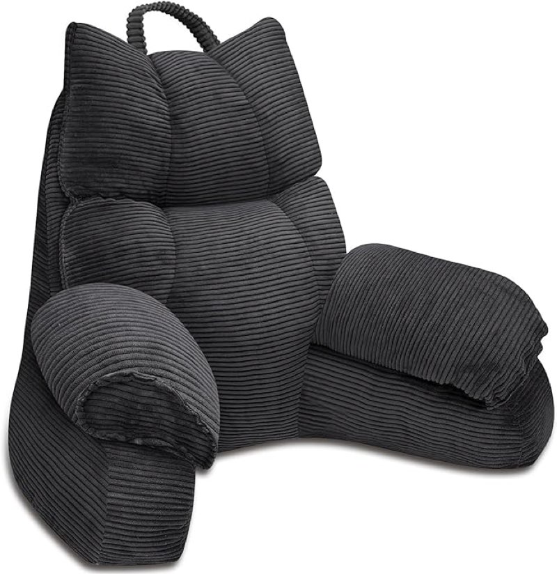 RRPAHWTV Reading Pillow for Bed with High Arm Rests ,Back Support Pillow for Sitting Up in Bed with Shredded Memory Foam for Reading, TV, Gaming or Relaxing on Floor?Grey Black, Large?