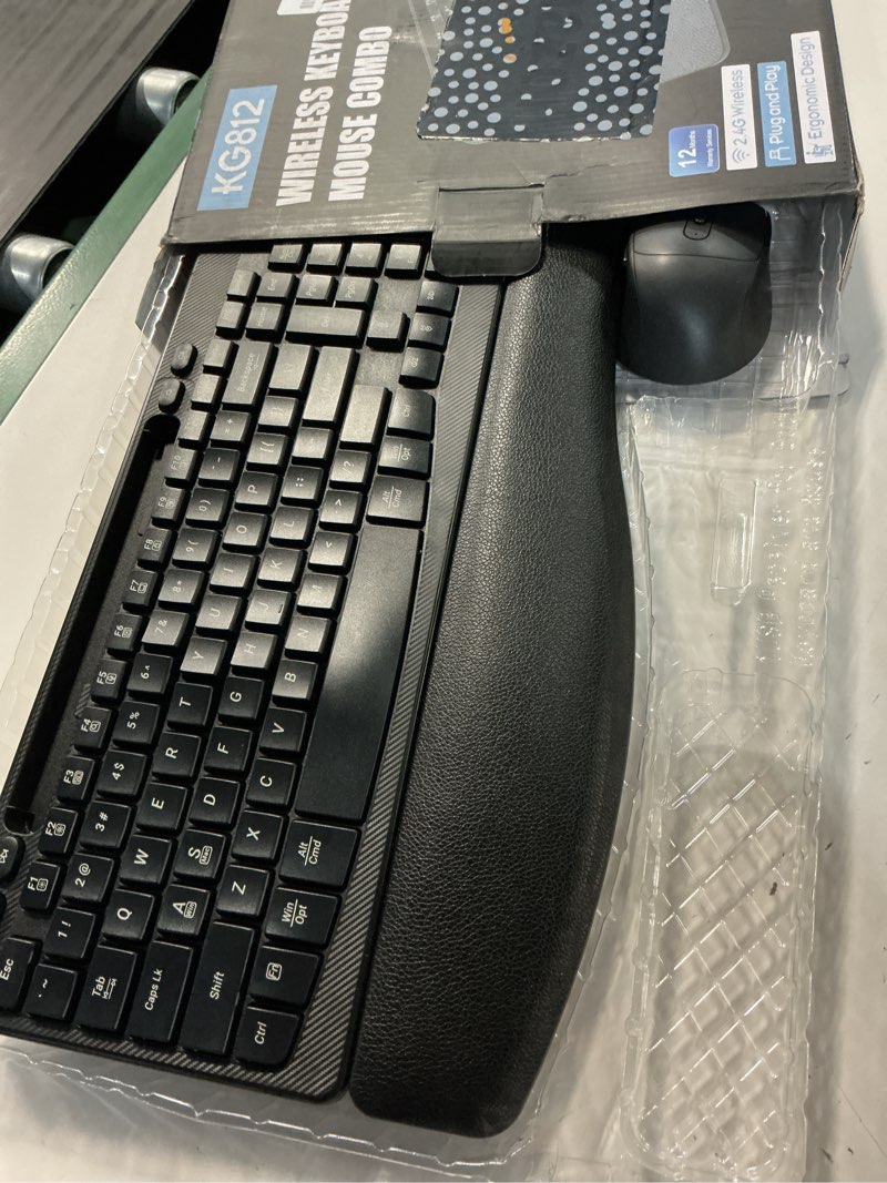 Condition photo showing Good Condition for wireless keyboard and mouse combo, wave keys full-sized ergonomic keyboard with cushioned plam rest, phone holder, comfortable natural typing, 2.4g cordless set for computer, laptop, pc, mac, windows black