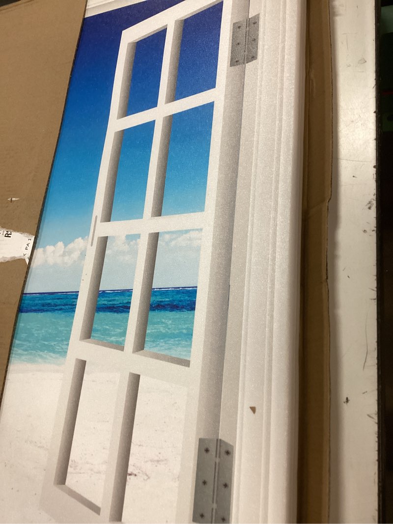 Condition photo showing Good Condition for beach pictures wall art decor for living room blue ocean painting for bedroom white window frame style palm trees canvas wall blue coastal landscape artwork for bathroom home office decorations, ready to hang (24*36, beach palm trees wall art) beach palm trees wall art 36"l x 24"w