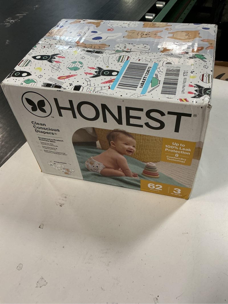 Condition photo showing New/Like New for The Honest Company Comfort Dry Disposable Diapers for Sensitive Skin, Hypoallergenic, Fragrance-Free, Space Travel + It's a Pawty, Club Box, Size 3 (16-28 lbs), 62 Count