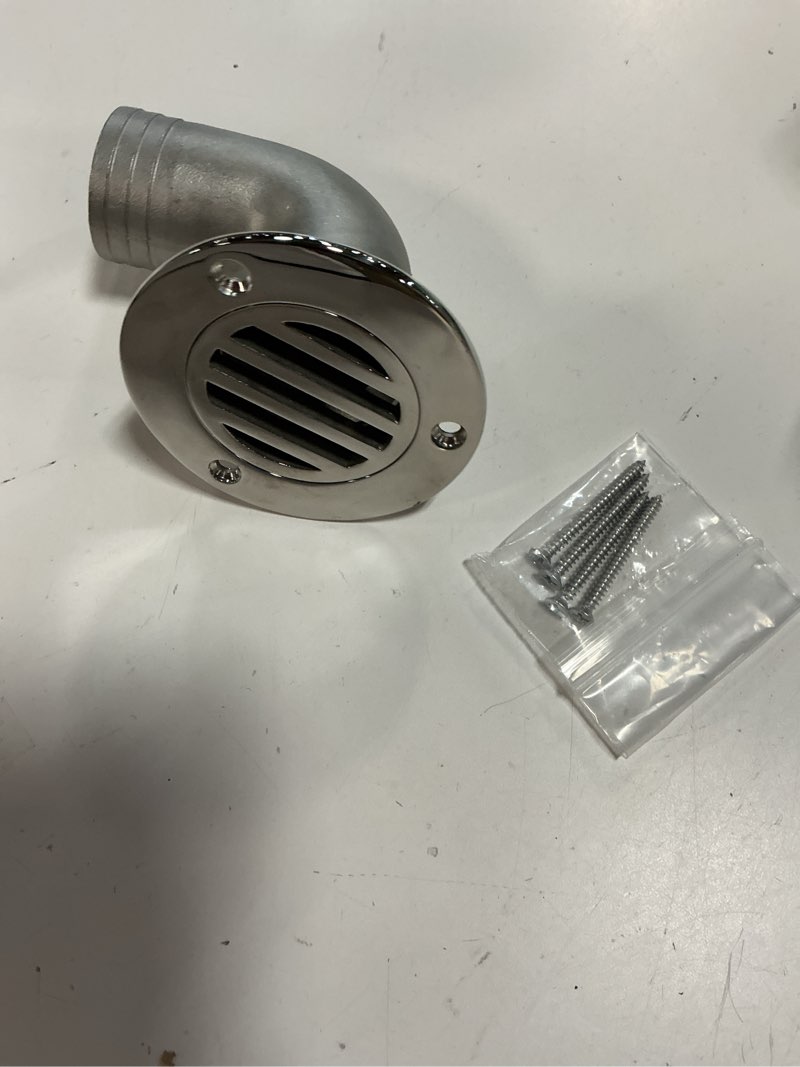 Condition photo showing New/Like New for boat deck floor drain, 90-degree boat deck drain with elbow outlet, flush-mount, heavy-duty 316 stainless steel, with screws 1-1/2 inch