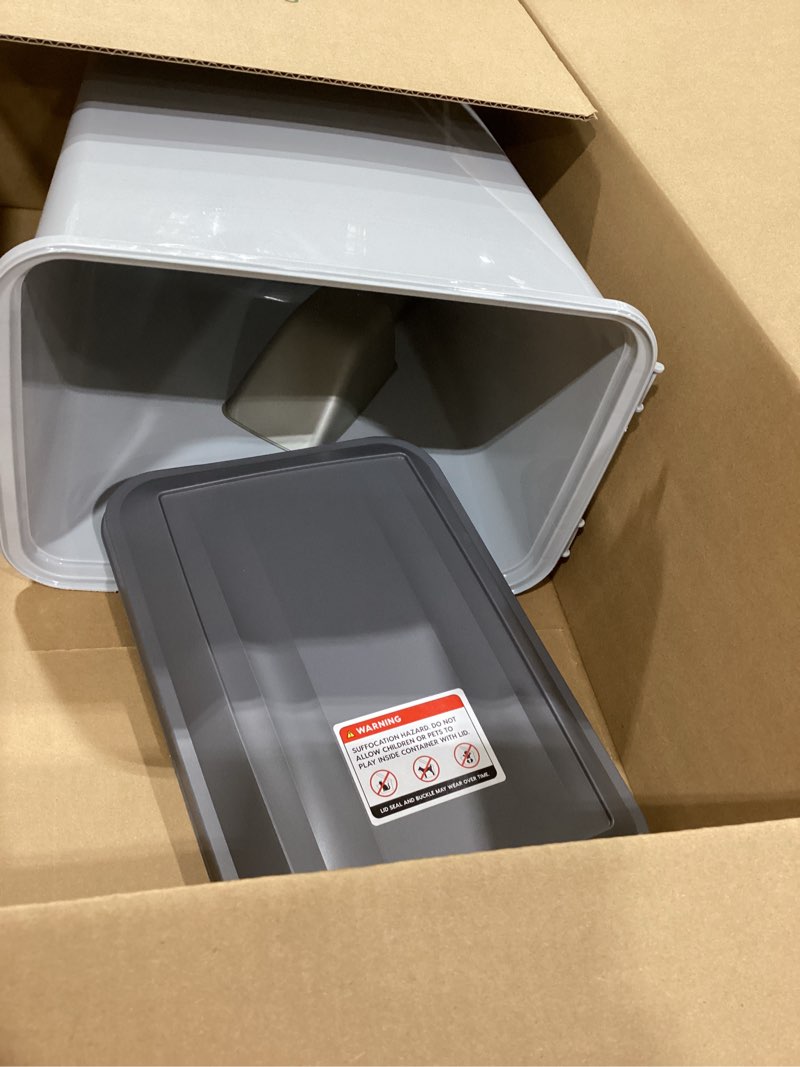 Condition photo showing As Is for IRIS USA Dog Food Storage Container with Wheels, Airtight Lid, 2-Cup Scoop, Up to 30 Pounds Pet Food Storage, Built in Scoop Storage in Lid, Versatile Pet Food Bin, Portable, BPA Free, Gray/Dark Gray 30 lbs Dark Gray