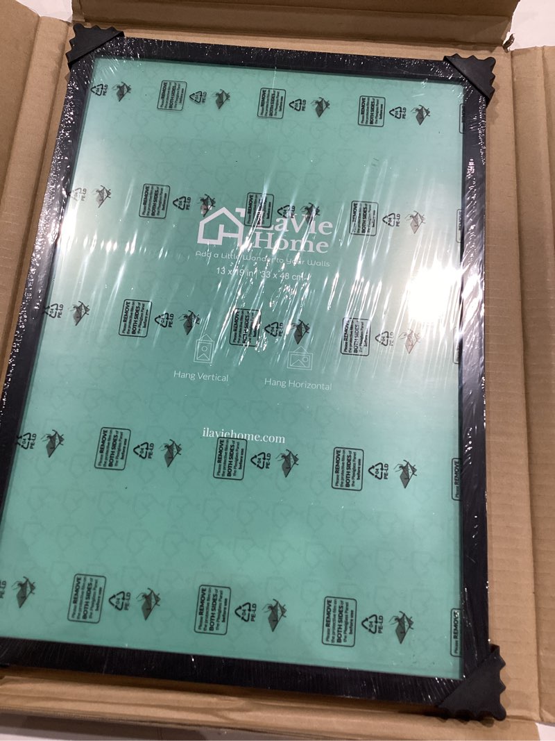 Condition photo showing Good Condition for lavie home 13x19 picture frame black poster frame, display pictures 11x17 with mat or 13x19 without mat, stable and sturdy frame and polished plexiglass, horizontal and vertical format of the walls 13x19 black