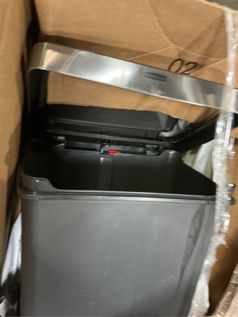 Condition photo showing As Is for rubbermaid premier series iii step-on trash can for home and kitchen, with stainless steel rim, 12.4 gallon, charcoal, for home/kitchen/garage/apartment/office metal rim, resin lid