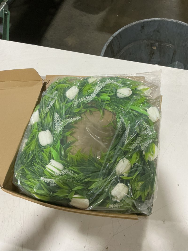 Condition photo showing New/Like New for 24 inch artificial tulip wreath, spring wreath with white tulip and greenery for all year around indoor outdoor home farmhouse wall springtime holiday decor