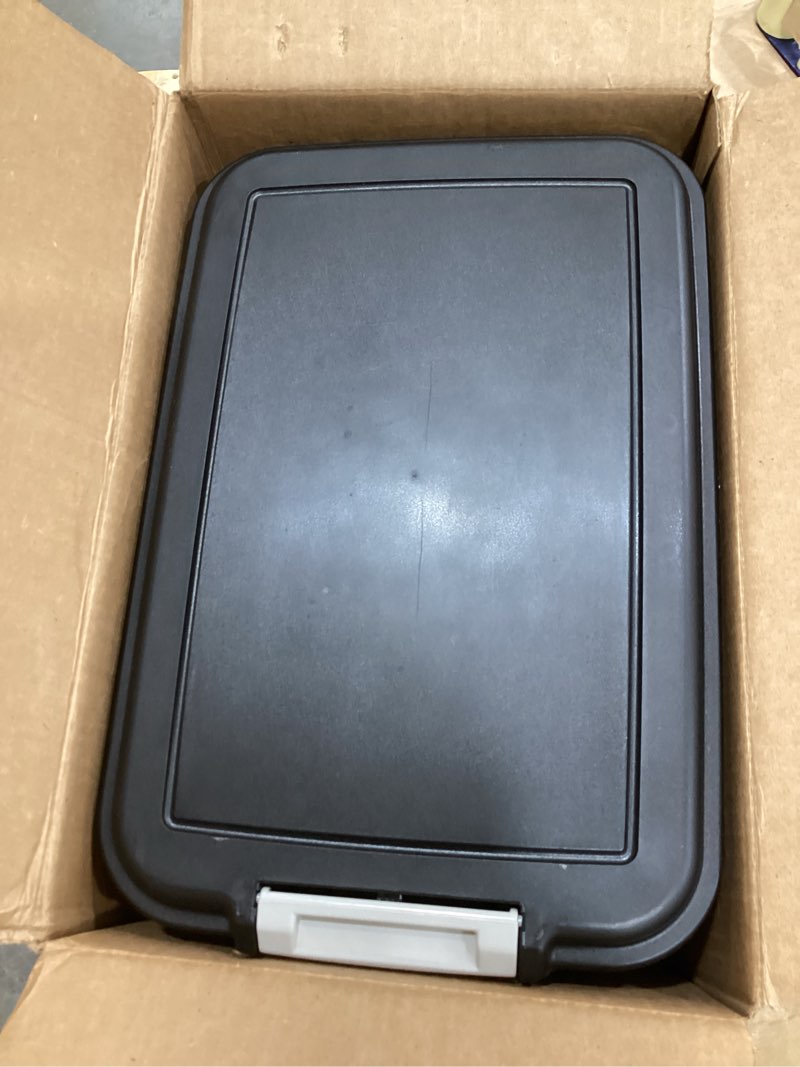 Condition photo showing As Is for iris usa dog food storage container, 30 lbs & 11 lbs combo, cat food storage container, dog treat container, airtight, stackable, 2-cup scoop, wheels, easy mobility, black 30 lbs + 11 lbs black