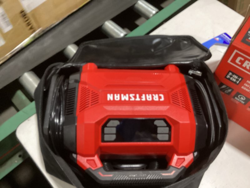 Condition photo showing As Is for craftsman dual power tire inflator portable air compressor, 12v dc car plug & 120v ac home use, up to 150 psi with digital gauge & auto shut-off, led light, air pump for cars, bikes & inflatables