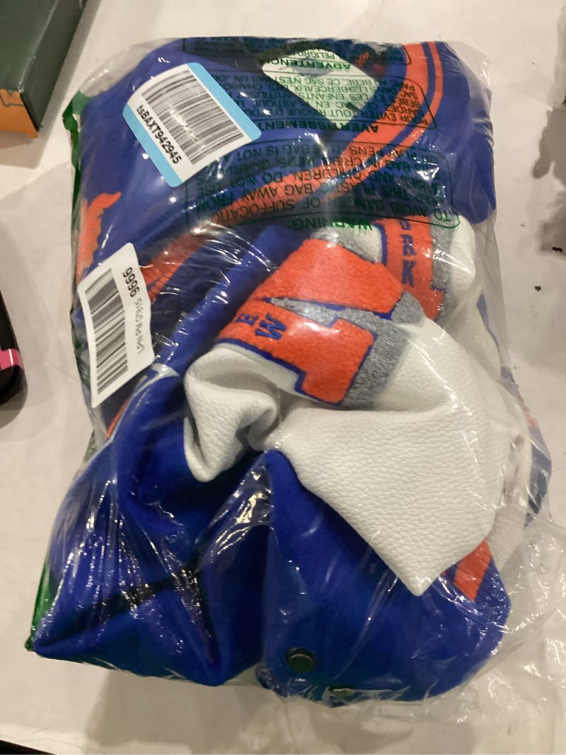 Condition photo showing New/Like New for pro standard womens nba old english varsity jacket new york knicks small royal/orange/royal