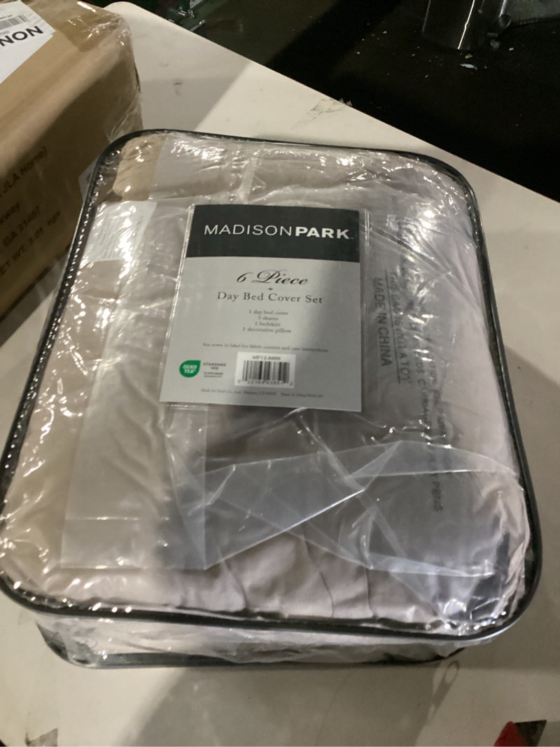 Condition photo showing New/Like New for Madison Park Cotton Daybed Cover Set-Double Sided Quilting Classic Cottage Design All Season Bedding with Bedskirt, Matching Shams, Decorative Pillow, 39"x75", Quebec Khaki 6 Piece 75"x39" Quebec Khaki