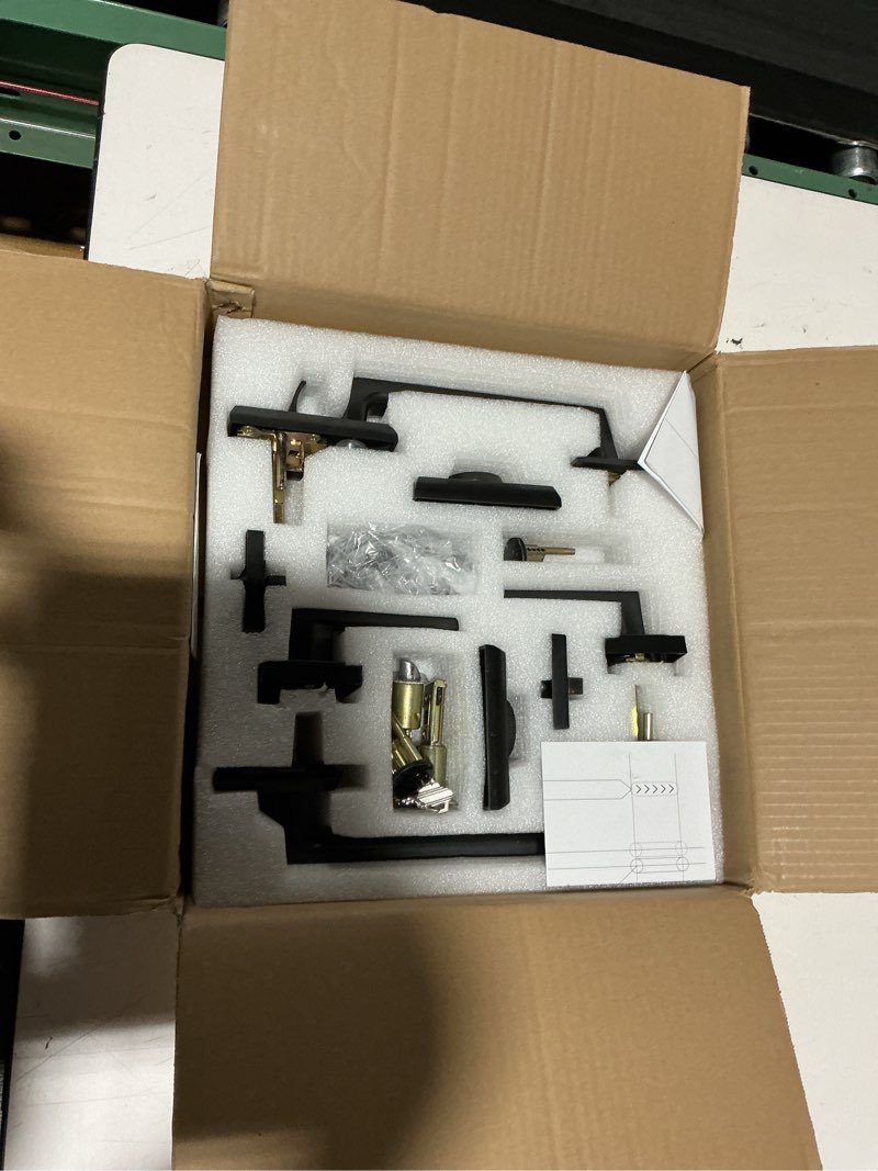 Condition photo showing As Is for double front door lock set, keyed entry front door handleset with dummy, square heavy duty door lever and single cylinder deadbolt combo, oil rubbed bronze oil rubbed bronze double square handles