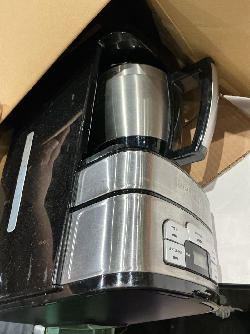 Condition photo showing As Is for cuisinart automatic grind & brew 10-cup coffee maker with blade grinder, programmable coffee machine glass carafe with 1-4 cup setting, brew pause, grind-off option, dgb-450nas, black/stainless steel 10-cup thermal automatic grind & brew black/stainless