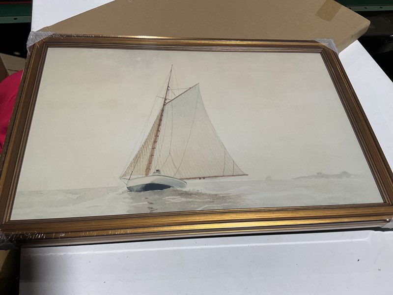 Condition photo showing New/Like New for gold framed vintage wall art for living room, seaview painting prints shelf decor for kitchen, aesthetic bedroom wall art, christmas gifts for friends or family (white sailboat - 8"x10") white sailboat 10"l x 8"w