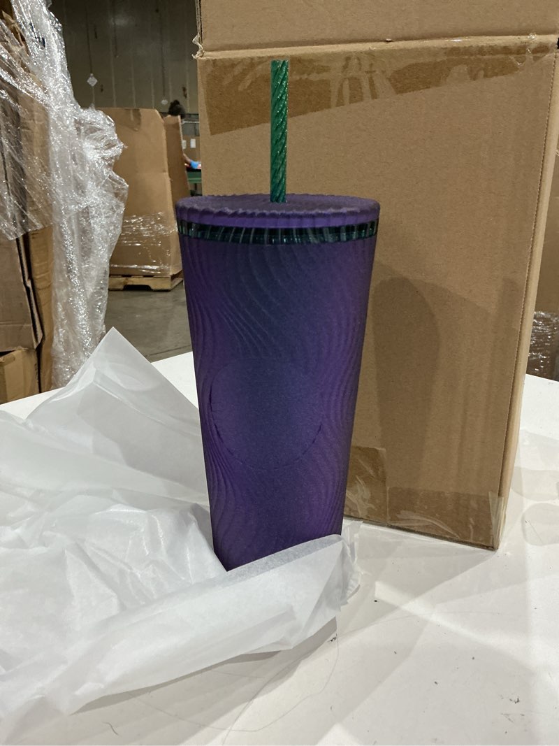 Condition photo showing Good Condition for starbucks wavy plastic cold cup, 24 oz, reusable tumbler with straw and lid, textured wave design, bpa-free, purple with embossed siren logo