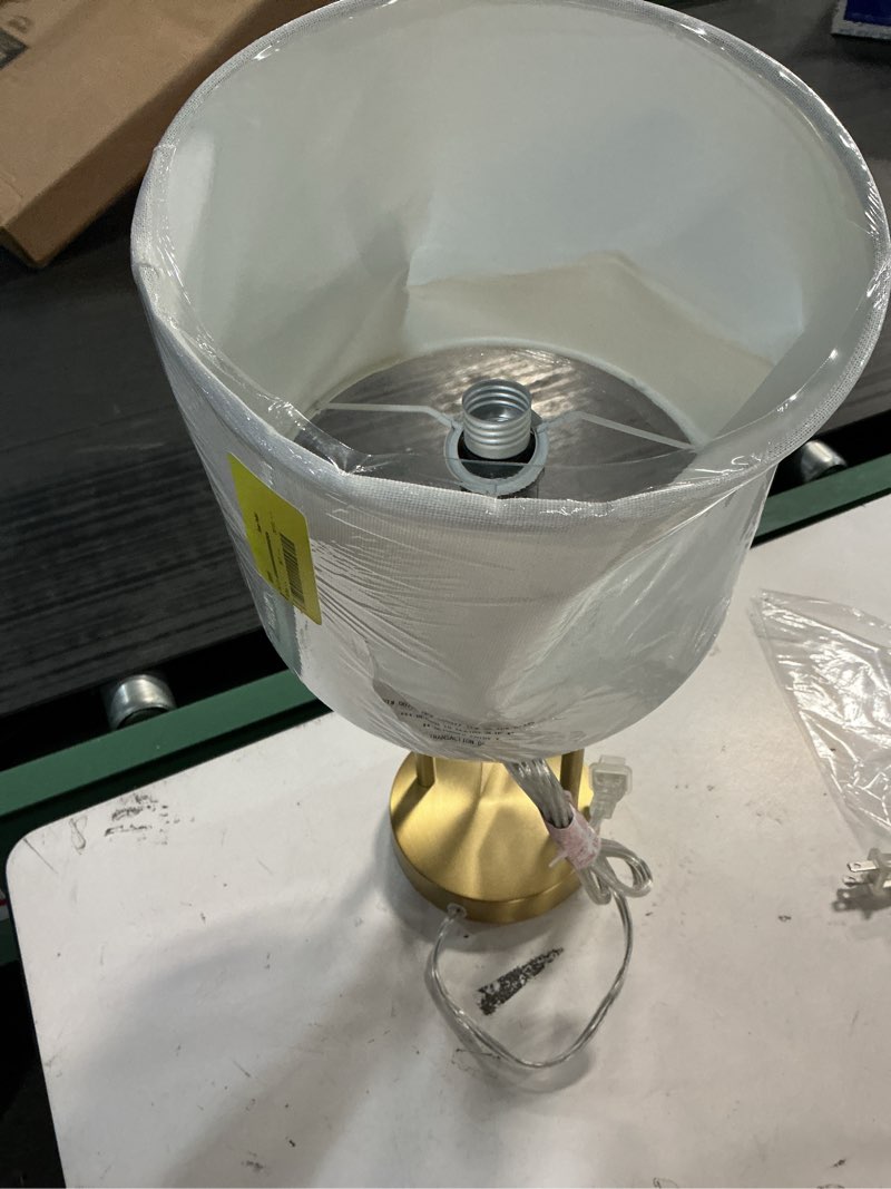 Condition photo showing As Is for mainstays 16.75  gold metal arch table lamp with white fabric lamp shade