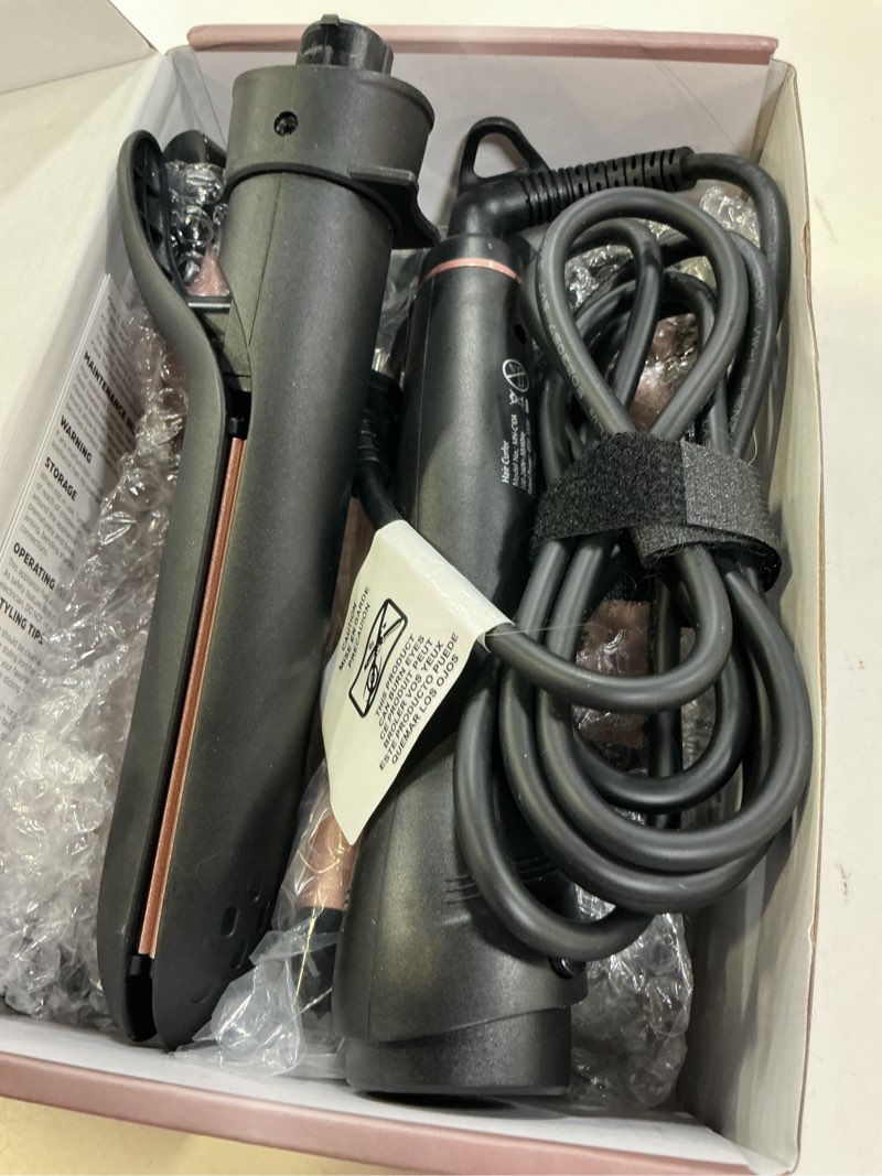 Condition photo showing As Is for lopeie 5 in 1 curling iron with thermal brush and 4 interchangeable ceramic barrels(1/2 to 1 1/2 inch), curling wand set with flat iron, fast heating, dual voltage hair curler, mothers day gifts curling iron (1/2"-1 1/2") rose gold