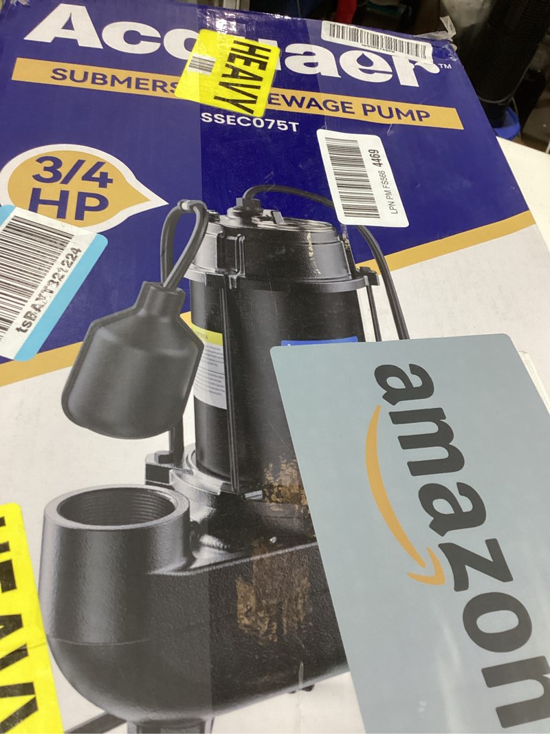 Condition photo showing New/Like New for Acquaer 3/4HP Submersible Sewage Effluent Pump, Cast Iron, 115V 6400 GPH Automatic Tethered Float Switch, Sump Pump for Sump Basin, Basement, Residential Sewage, 2'' NPT Discharge 3/4 HP 6400 GPH Sewage Pump