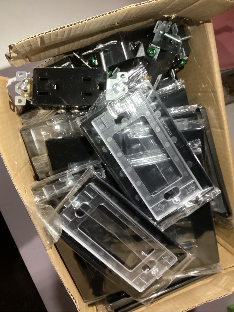 Condition photo showing As Is for ENERLITES 40 Pack Black Decorator Receptacle with Screwless Wall Plate, Standard Electrical Wall Outlet, 15A 125V, Self-Grounding, 2-Pole, 3-Wire, 5-15R, UL Listed, 61502-BKSID, Non Tamper Resistant Wall Plate Included Glossy Black 40