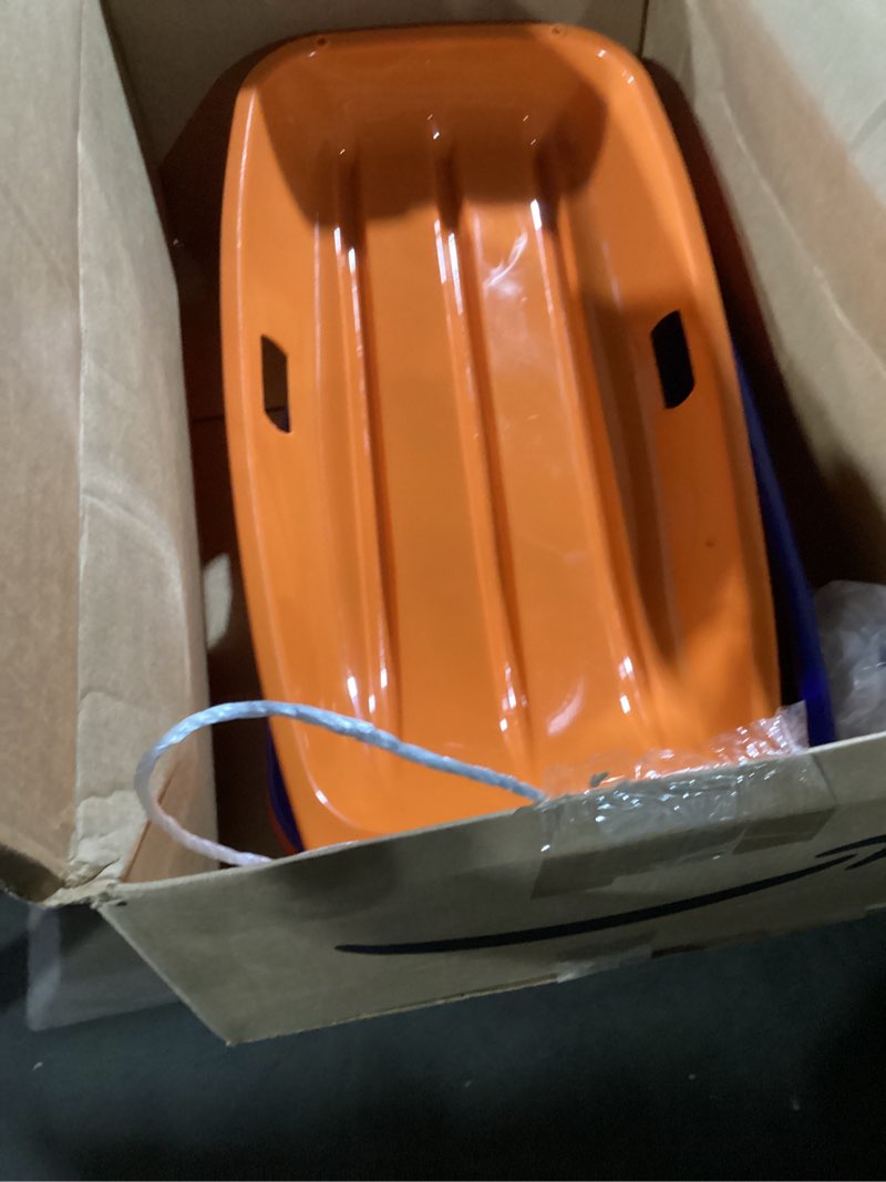Condition photo showing Good Condition for Sled, Snow Sled for Kids and Adults, Racer Downhill Sprinter Snow Sled for 1-2 Riders with 2 Handles and Pull Rope, 35" Utility Pull Sled, Skiing, Ice Fishing, Work Cargo, Deer Hunting, Gift Orange+Blue