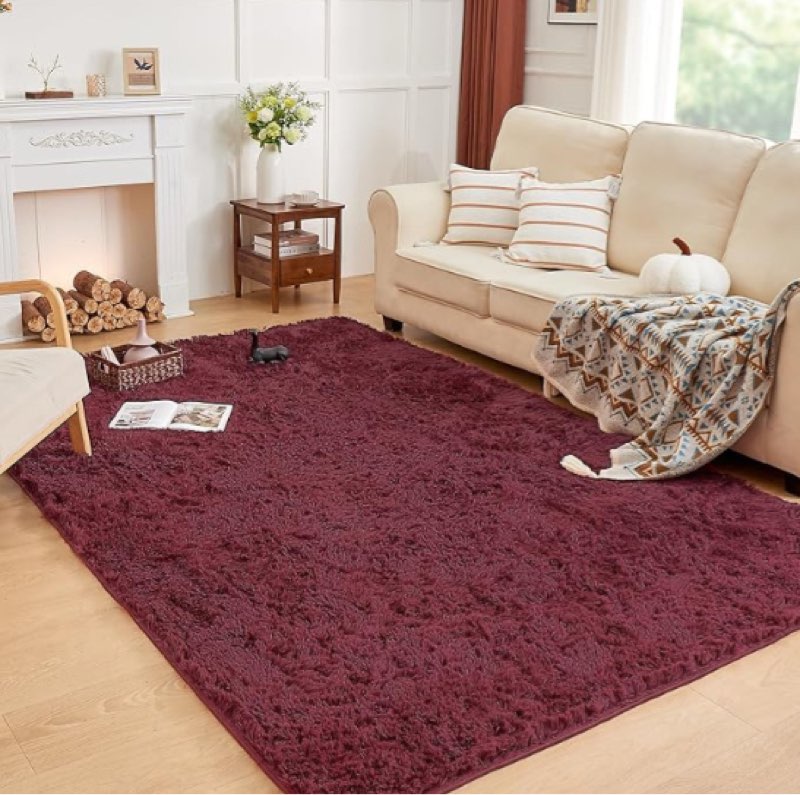 andency 3x5 burgundy shag area rug for living room, faux fur fuzzy plush indoor bedroom rugs & carpets, non skid soft fluffy rug for room
