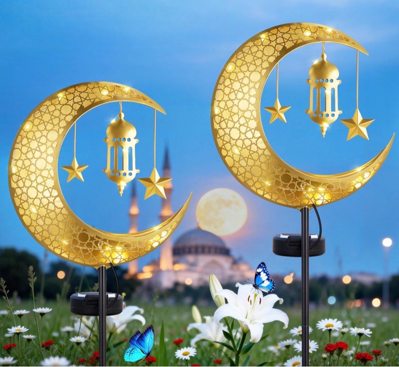 lewondr 2pcs ramadan solar lights, ramadan decorations outdoor, metal yard signs led eid decorations mubarak star moon lantern, waterproof solar garden stakes lights for walkway lawn patio