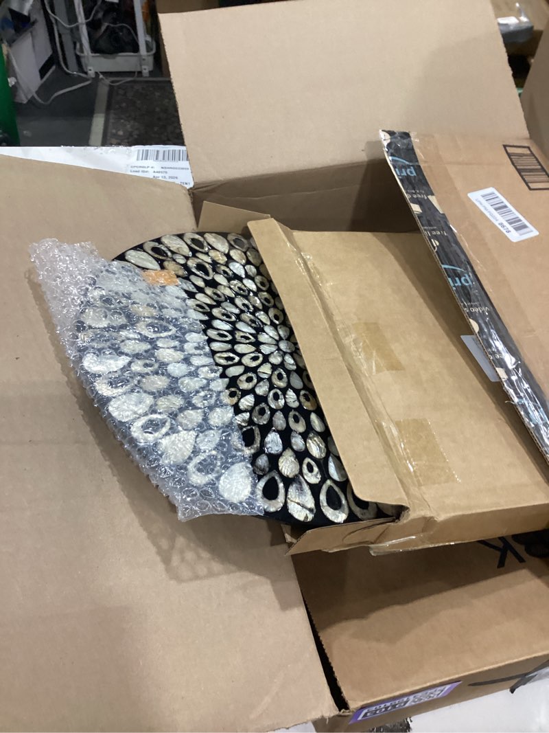 Condition photo showing New/Like New for 13.8" mother of pearl lazy susan turnable organizer, 360 degree round table countertop decorative spinning tray for kitchen cabinet counter spice pantry dinner table (black peacock feather)